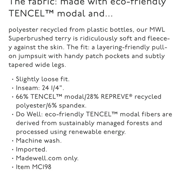 NWT Madewell Superbrushed Pull-On Jumpsuit - Picture 5 of 5